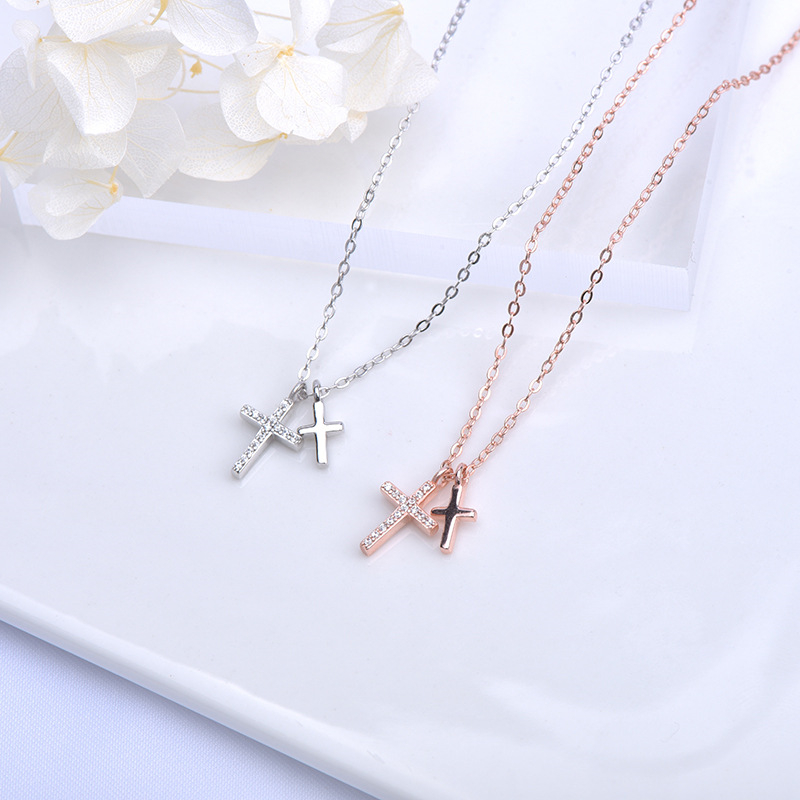 Dainty Diamond Double Cross Necklace, Mini Cubic Zirconia Cross Pendant, 925 Sterling Silver