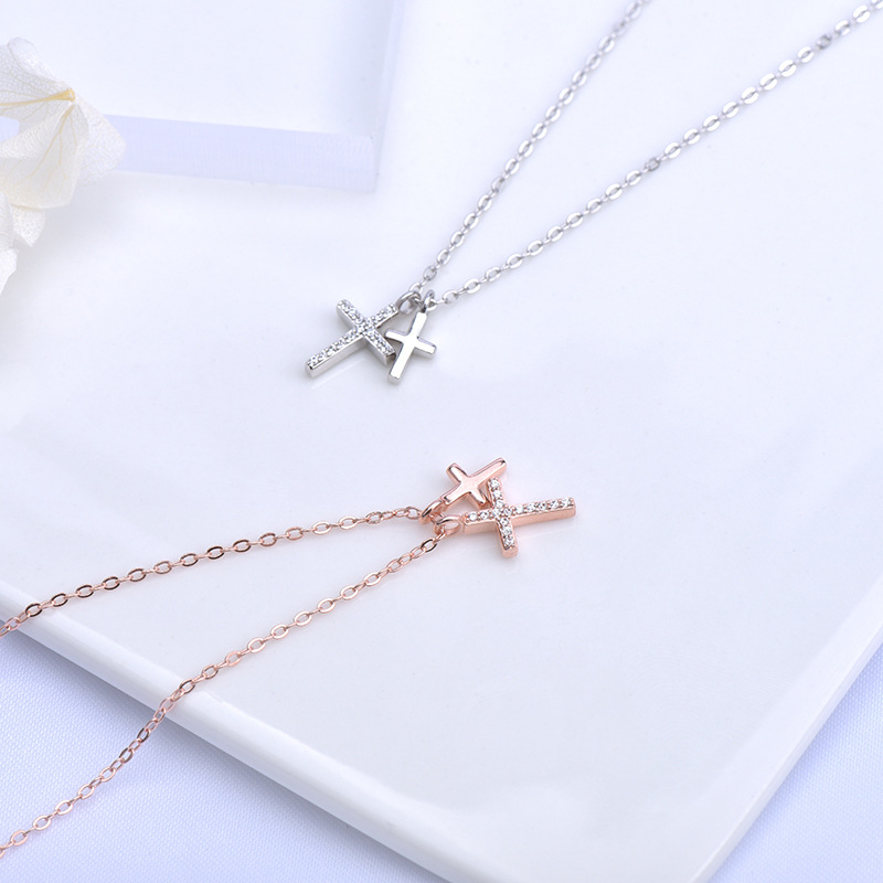 Dainty Diamond Double Cross Necklace, Mini Cubic Zirconia Cross Pendant, 925 Sterling Silver