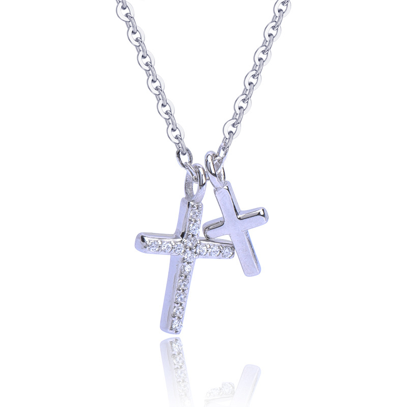 Dainty Diamond Double Cross Necklace, Mini Cubic Zirconia Cross Pendant, 925 Sterling Silver