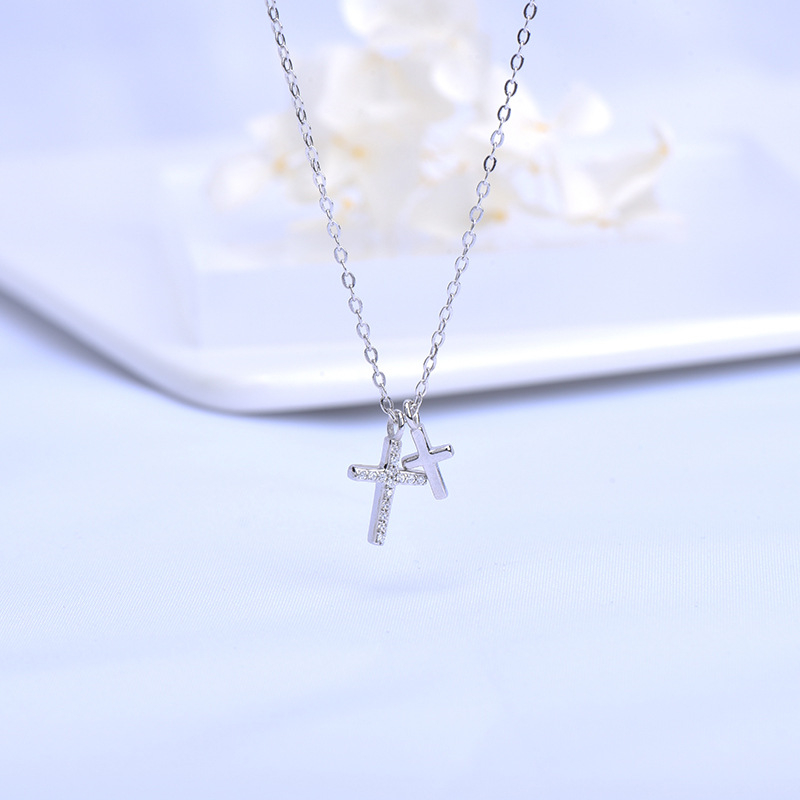 Dainty Diamond Double Cross Necklace, Mini Cubic Zirconia Cross Pendant, 925 Sterling Silver