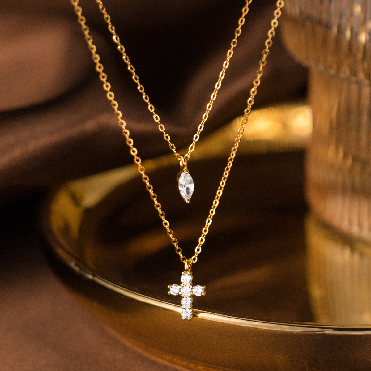 Minimalist Small Silver Cross Layered Necklace – Double Chain Dainty Jewelry