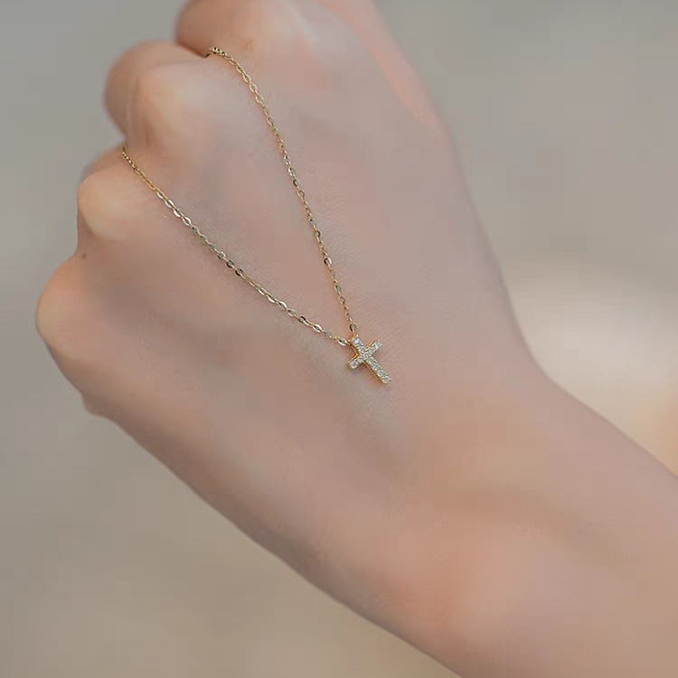 Petite Cross Necklace – Dainty Gold Plated Cross Pendant with Cubic Zirconia for Women