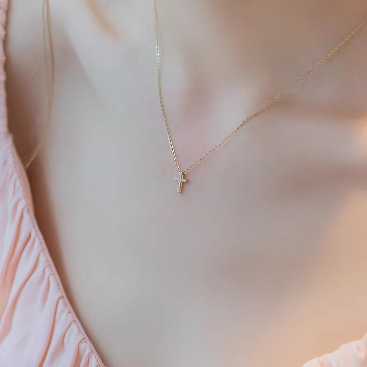 Petite Cross Necklace – Dainty Gold Plated Cross Pendant with Cubic Zirconia for Women