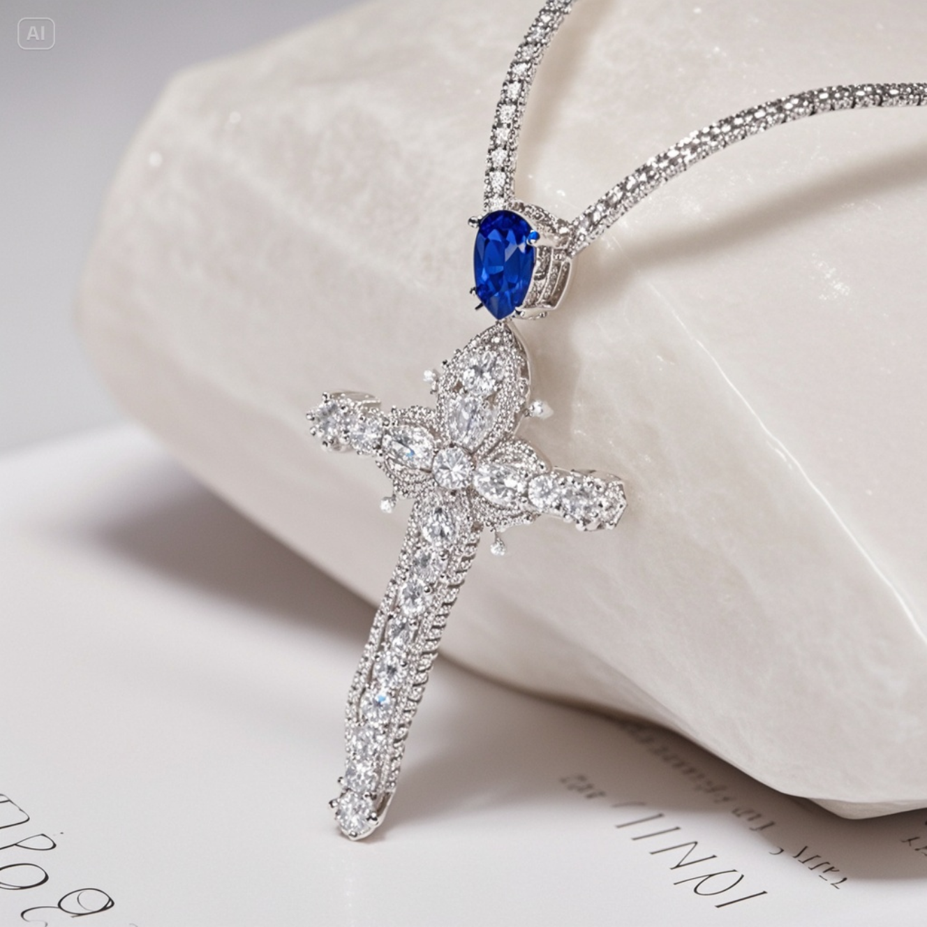 Platinum Cross Necklaces for Women – Elegant Sapphire & Diamond CZ Pendant