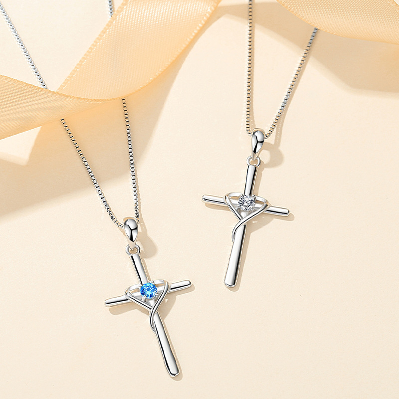 925 Sterling Silver Sideways Cross Pendant Necklace with Heart Cubic Zirconia for Women