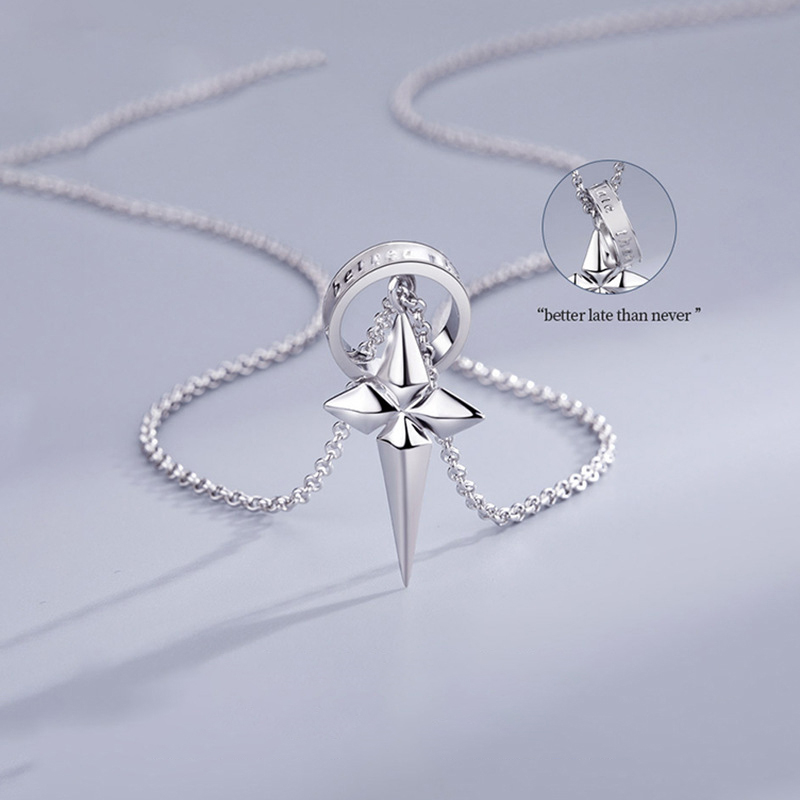 Pure Silver Crucifix Necklace for Men – Geometric Cross Pendant & English Engraved Ring