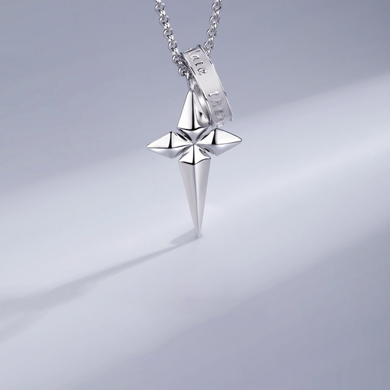 Pure Silver Crucifix Necklace for Men – Geometric Cross Pendant & English Engraved Ring