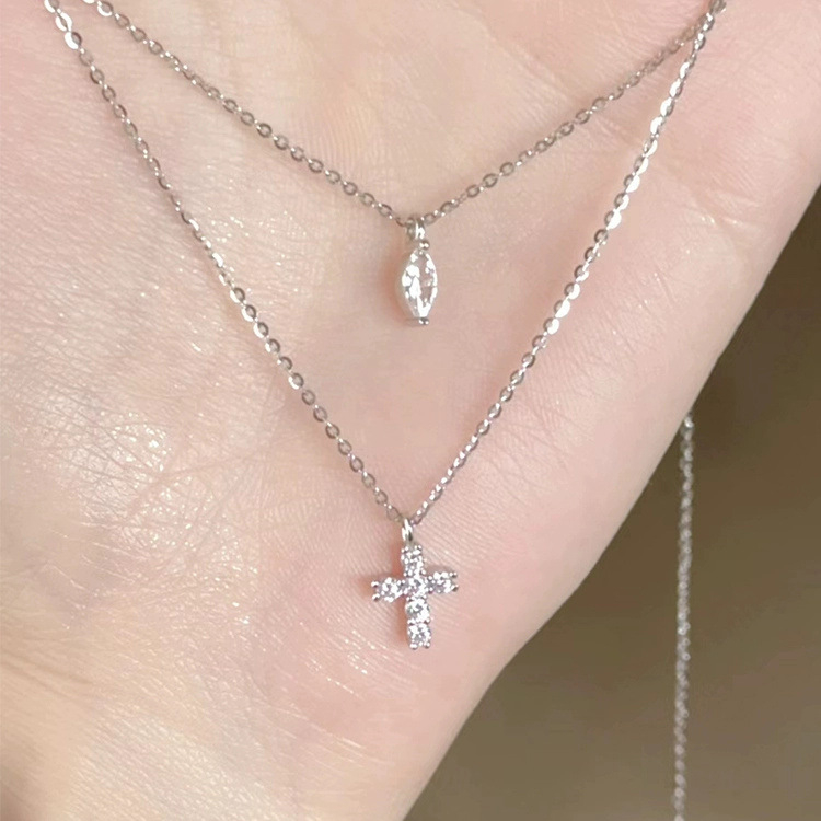 Small Diamond Cross Layered Necklace – Minimalist Double Chain Necklace with Marquise Gem