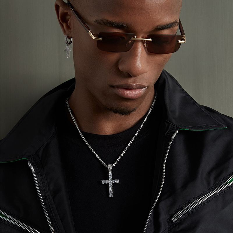 Mens Stainless Steel Cross Pendant Necklace – Iced Out White Gold Sterling Silver Style