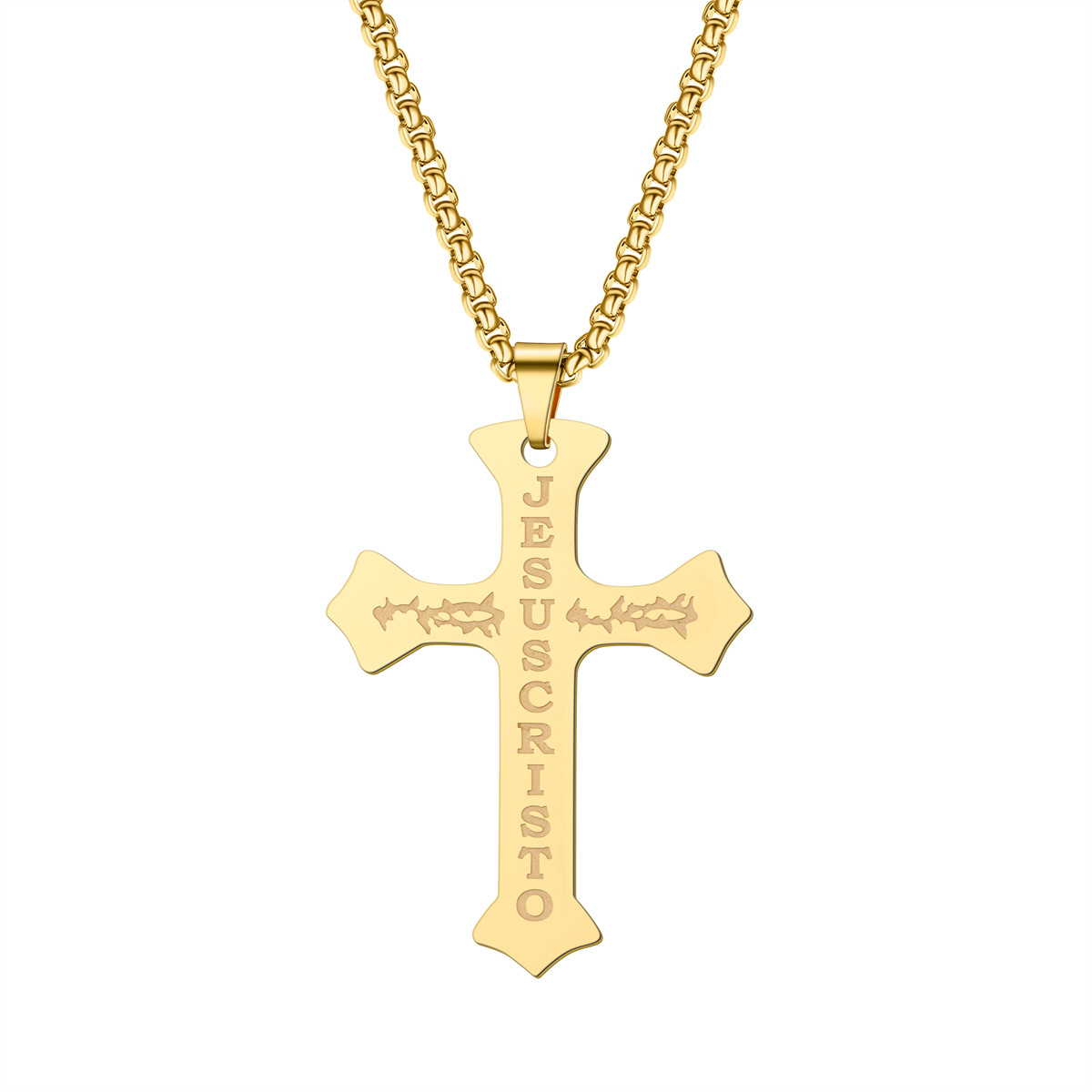 Polished Stainless Steel Jesus Cross Necklace – Embellished Pendant for Men