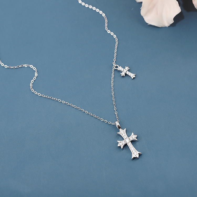 925 Sterling Silver Double Sideways Cross Necklace with Cubic Zirconia for Women