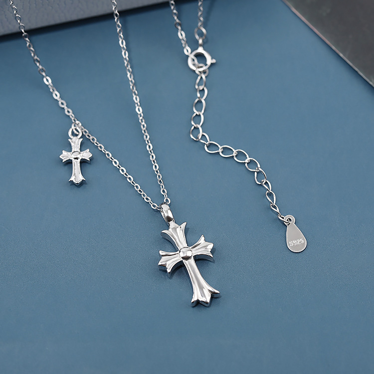 925 Sterling Silver Double Sideways Cross Necklace with Cubic Zirconia for Women