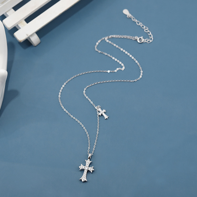 925 Sterling Silver Double Sideways Cross Necklace with Cubic Zirconia for Women