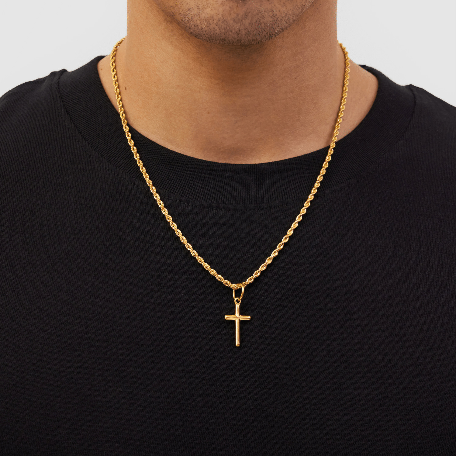 Tiny 14K Gold Cross Necklace – Minimalist Rope Chain Pendant for Men & Women