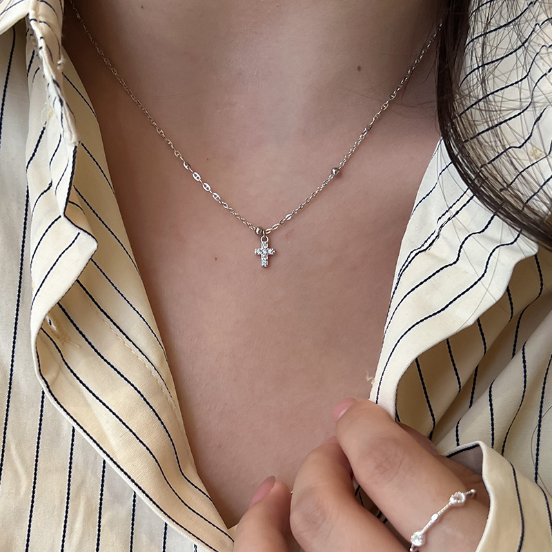 Tiny Diamond Cross Pendant Necklace – Thin Beaded Chain Minimalist Jewelry
