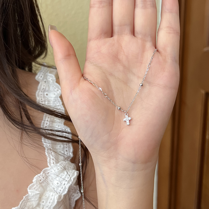 Tiny Diamond Cross Pendant Necklace – Thin Beaded Chain Minimalist Jewelry