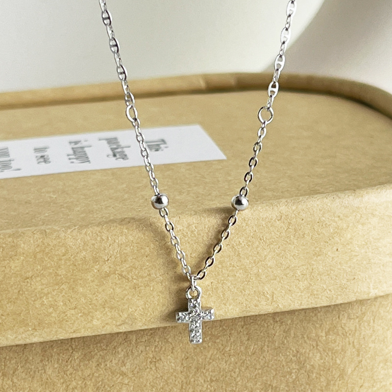 Tiny Diamond Cross Pendant Necklace – Thin Beaded Chain Minimalist Jewelry