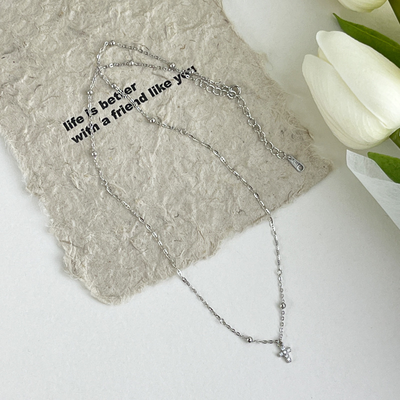 Tiny Diamond Cross Pendant Necklace – Thin Beaded Chain Minimalist Jewelry