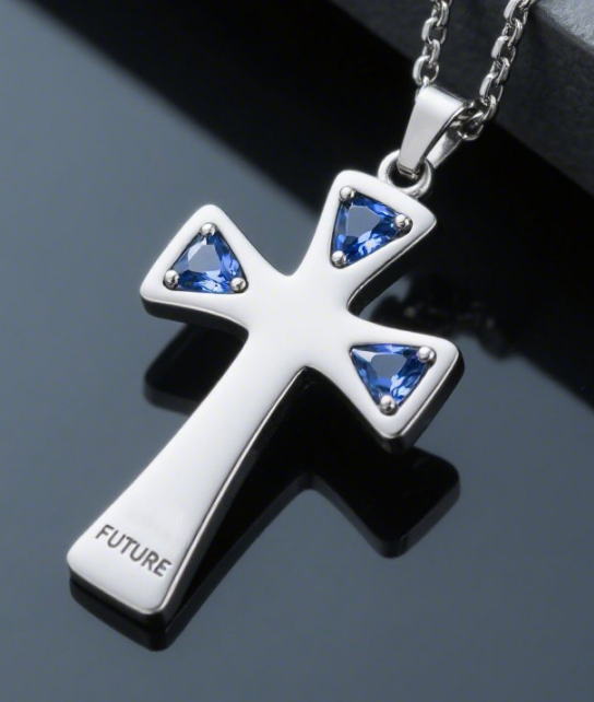 Waterproof Cross Necklace Women's Stainless Steel Blue Gemstone Pendant, Modern Minimalist