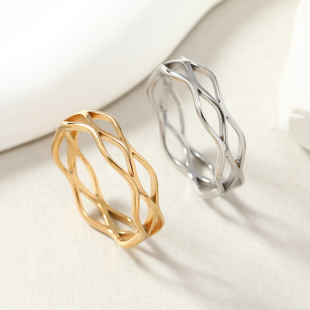 Hollow Wave Women's Ring - Gold Stainless Steel Minimalist Band (US Size 6-9)