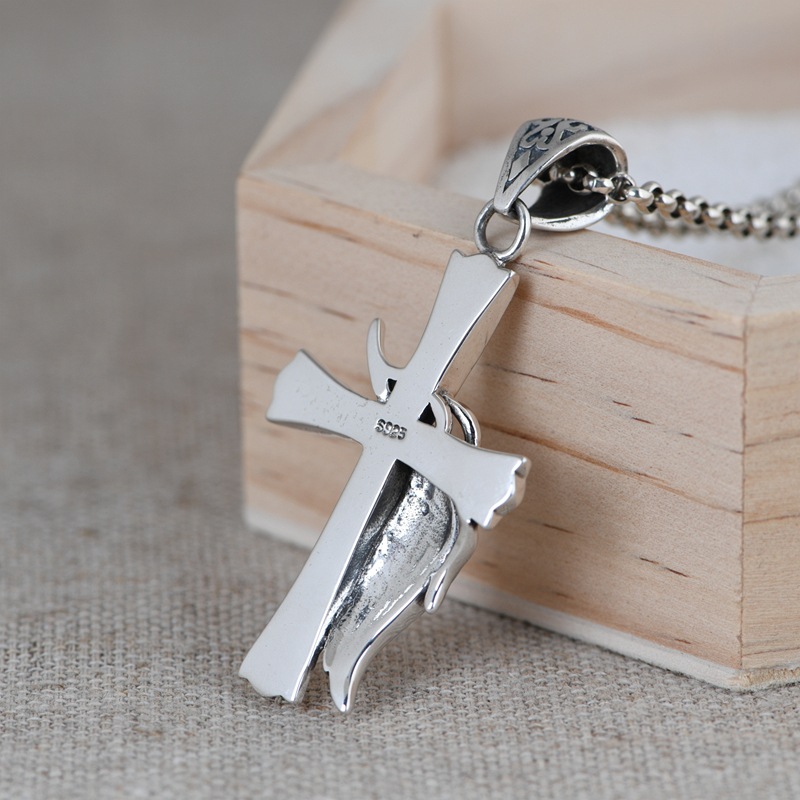 22 Inch Sterling Silver Cross Pendant Necklace with Angel Wing – Men’s 22 Inch Silver Chain Jewelry