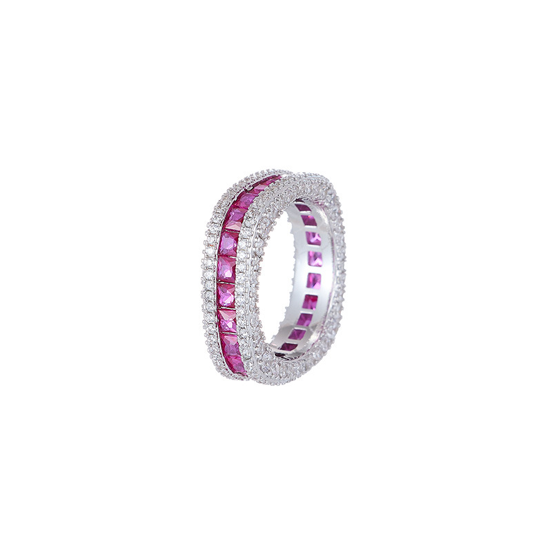 Irregular Geometric Ring – Full Zircon Paved Copper Band in Red & Silver
