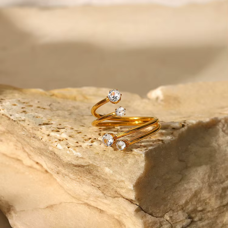 Luxury 18K Gold Plated Multi-Layered Open Zircon Ring – 4 Diamond Dainty Wedding Jewelry for Women
