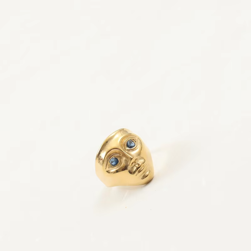 Chunky Artistic Face Ring – 18K Gold Plated Wide Stainless Steel Ring with Blue Gemstone Eyes for Women