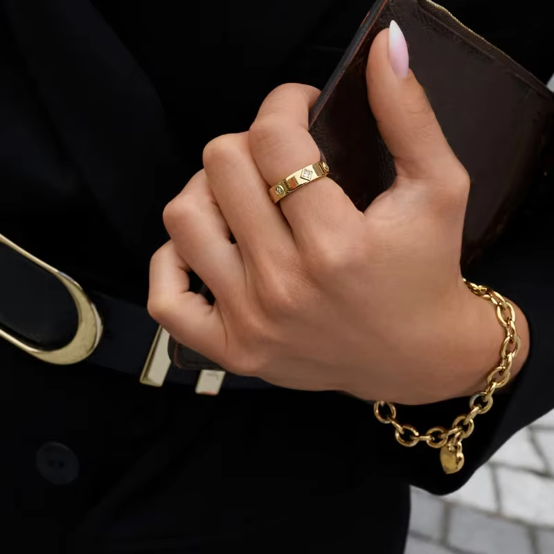 18K Gold Plated Wide Band Ring – Waterproof & Tarnish-Free Stainless Steel Zircon Ring for Women