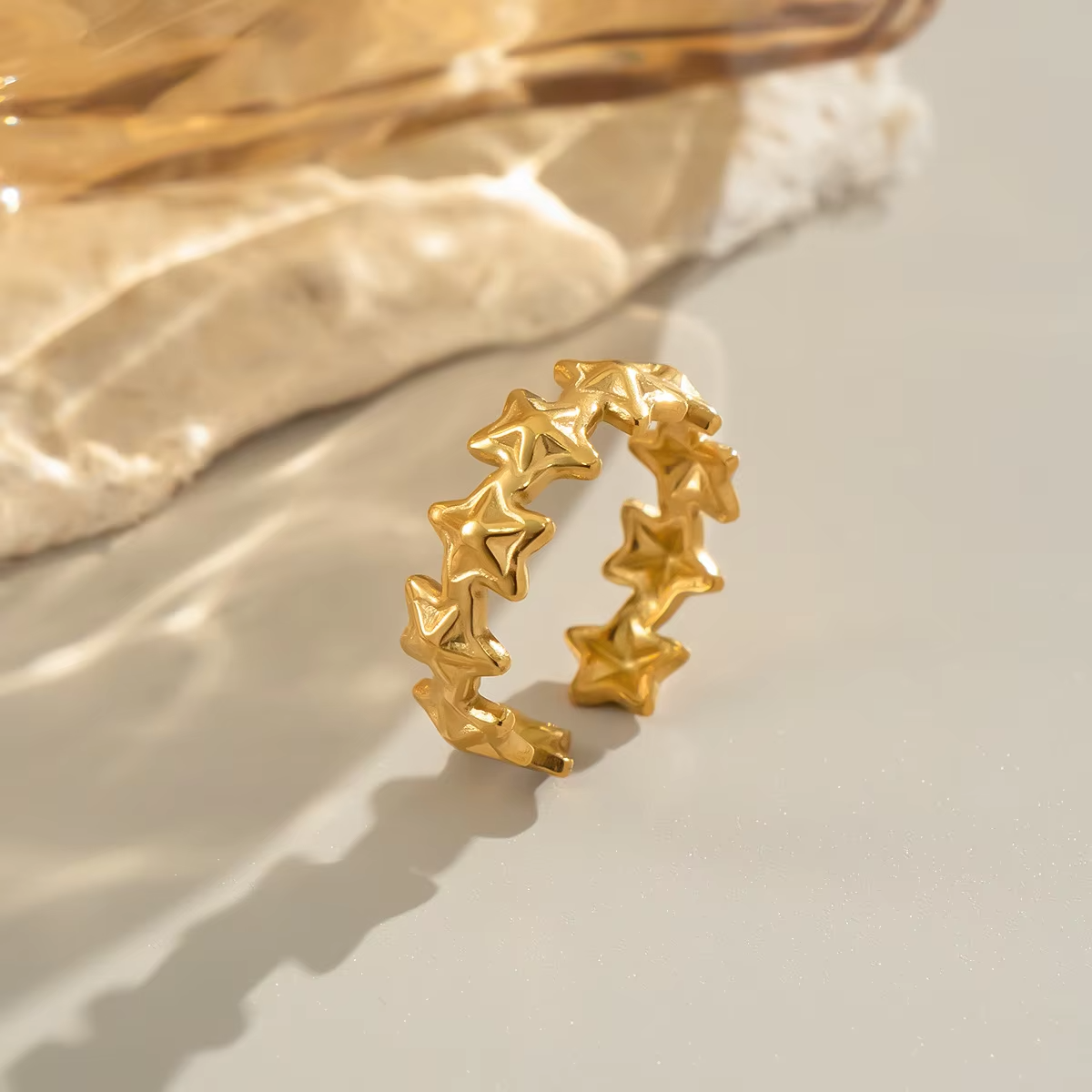 Trendy 18K PVD Gold Plated Pentagram Open Ring – Waterproof Geometric Splicing Stainless Steel Jewelry for Women