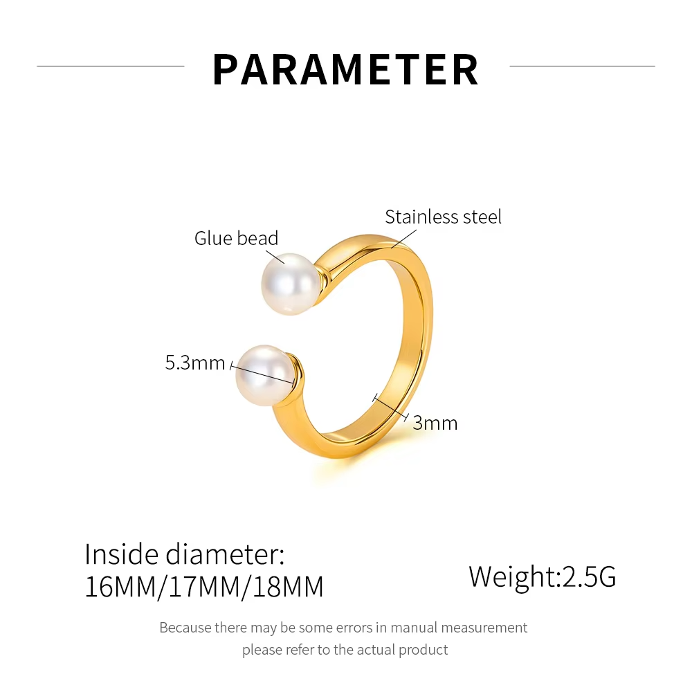 French Luxury 18K Gold Plated Stainless Steel Pearl Open Ring – Natural Stone Trendy Design