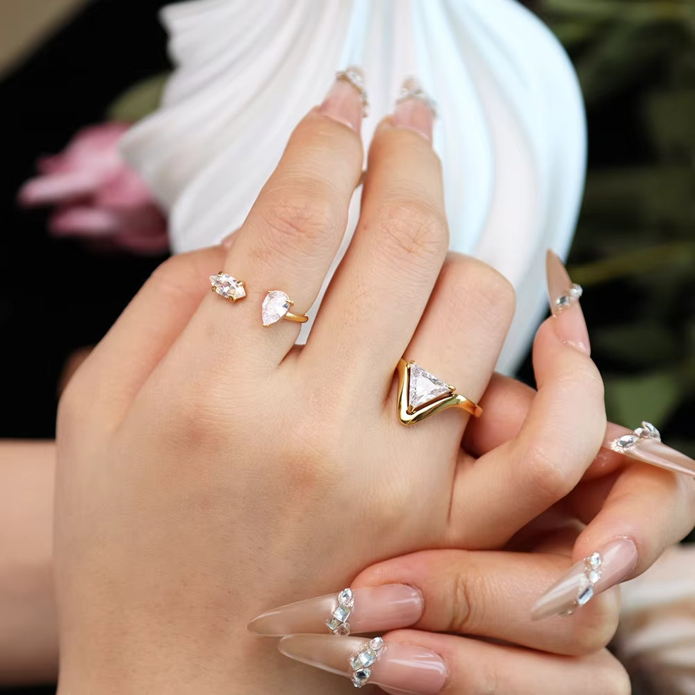 Open Marquise & Pear Cut Zircon Ring – 18K Gold Plated 316L Stainless Steel Engagement Ring for Women