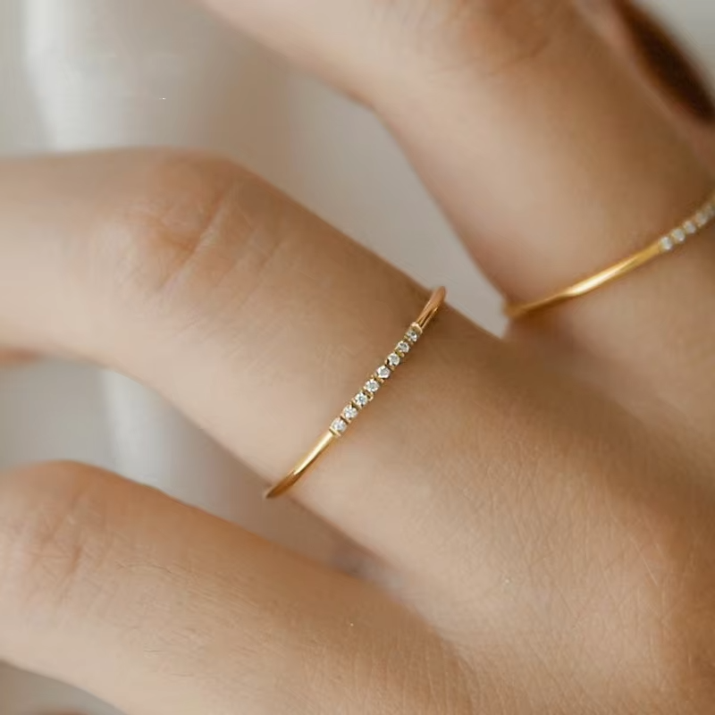 Minimalist 18K Gold Plated Stainless Steel Thin CZ Diamond Ring for Women