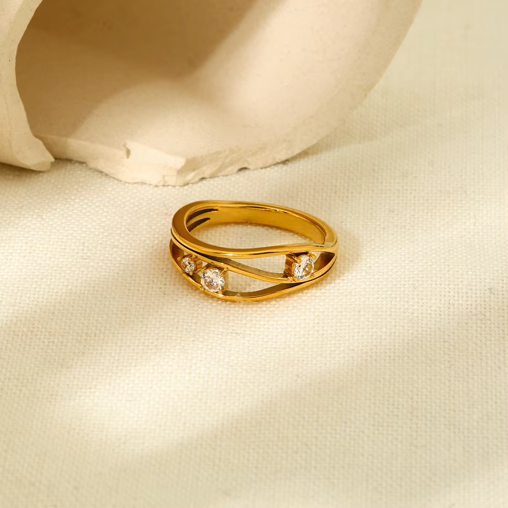 18K Gold Plated Geometric Layered Band Ring – Stainless Steel Waterproof Cubic Zirconia Fashion Jewelry for Women