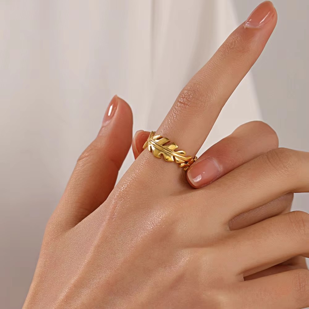 18K Gold Plated Stainless Steel Feather Leaf Ring – Adjustable Waterproof Vintage Ring for Women