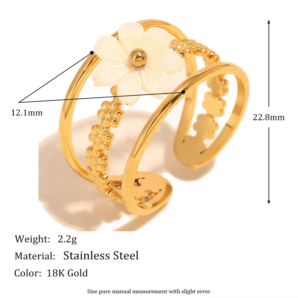 New Fashion Natural Shell Flower Adjustable Ring – 18K Gold Plated Stainless Steel Finger Jewelry for Women