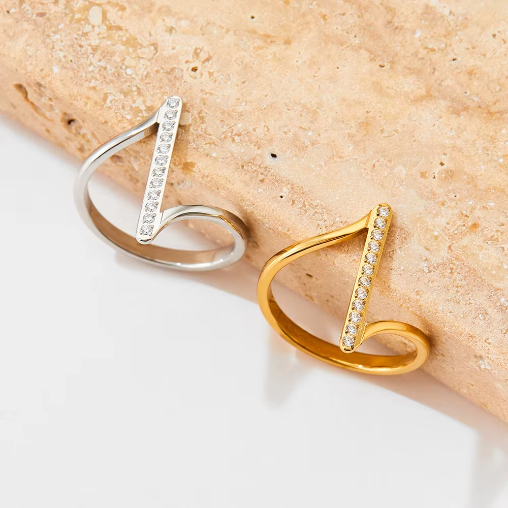 Gold Plated Geometric Finger Ring – Stainless Steel Ring with Cubic Zirconia for Women