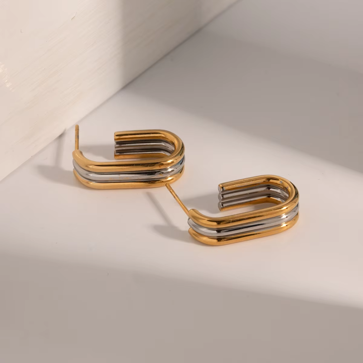 Jewelry Geometric 18K Gold Plated Stainless Steel Connect Color Three Layer Hoop Earring