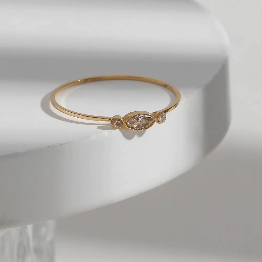 Minimalist Thin 18K Gold Plated Stainless Steel Ring – Anti-Tarnish White Zircon Ring for Women