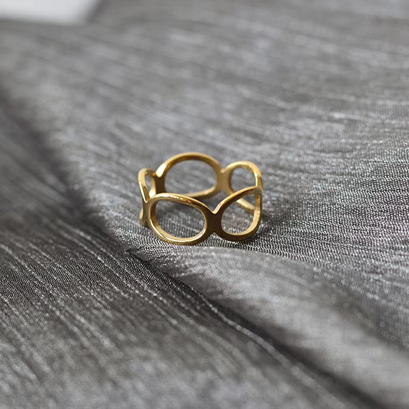 Minimalist Hollow Oval 18k Gold Plated Stainless Steel Ring for Girls