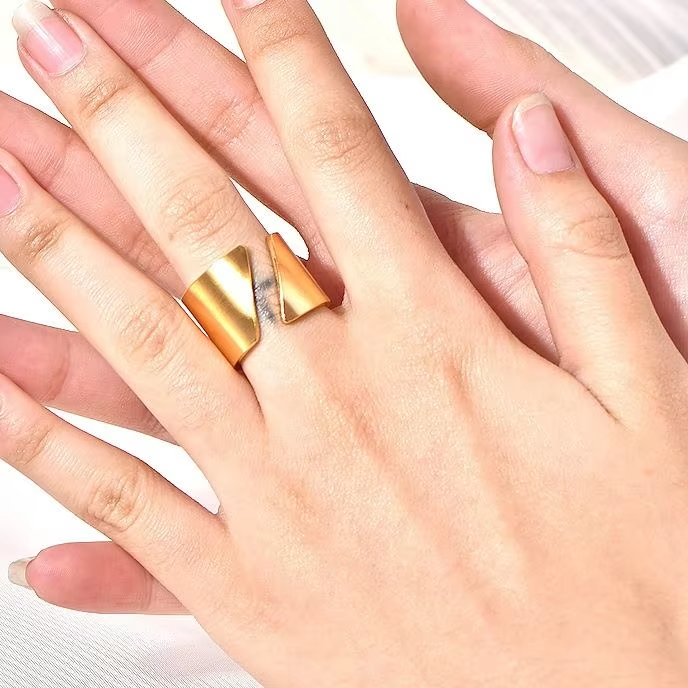 Handmade Beveled Open Adjustable Gold Stainless Steel Ring – Hip Hop Urban Style for Women