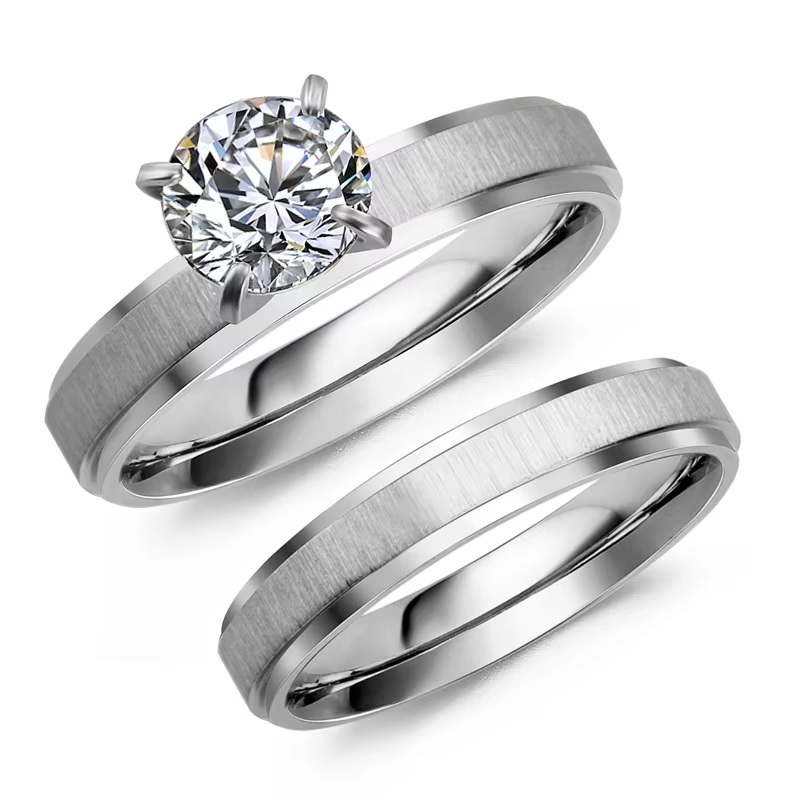 Custom 18K Gold Plated Cubic Zirconia Engagement & Wedding Ring Set for Women – Stainless Steel Dual Tone