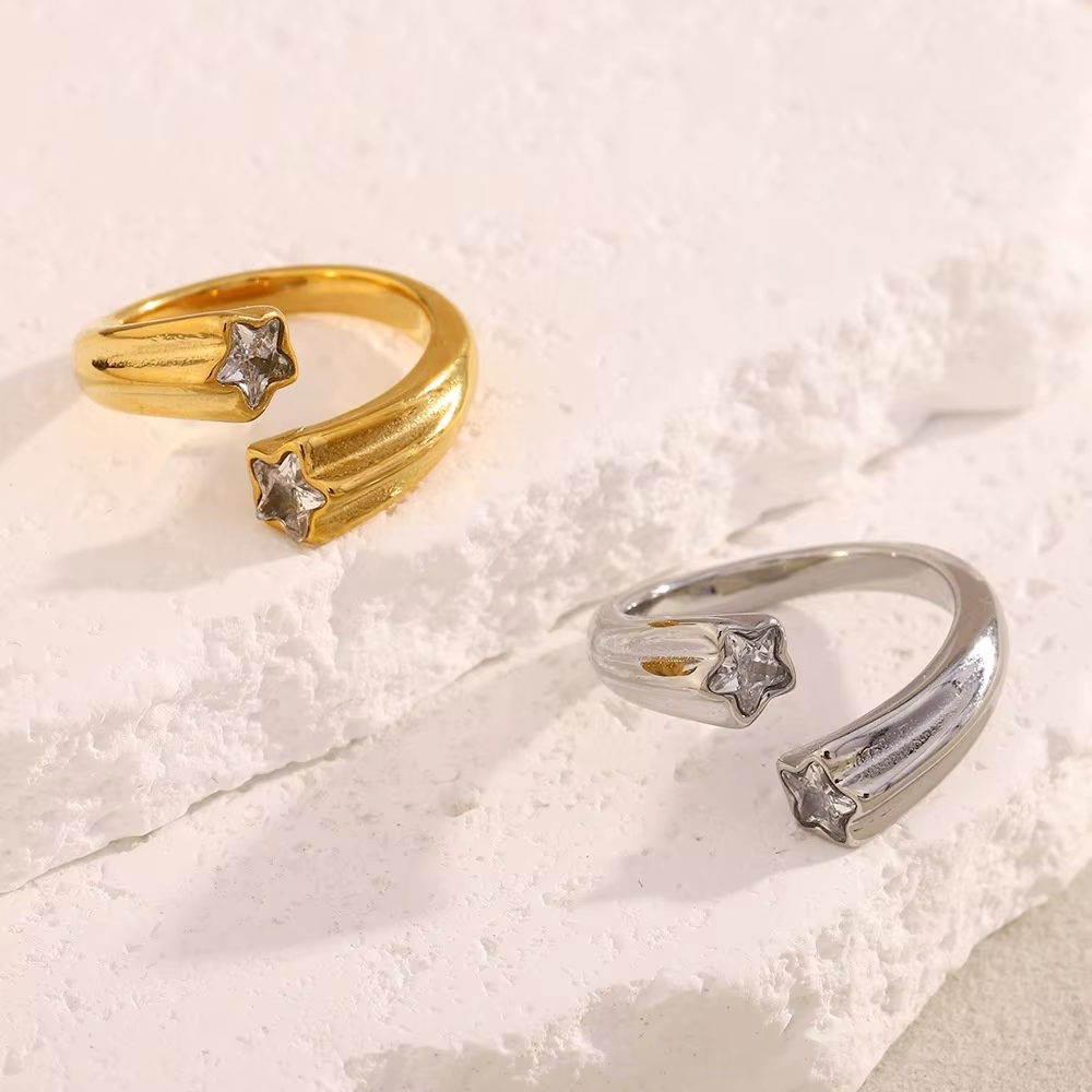 18K Gold & Silver Stainless Steel Twisted Shooting Star Rings – Zircon Open Design for Women