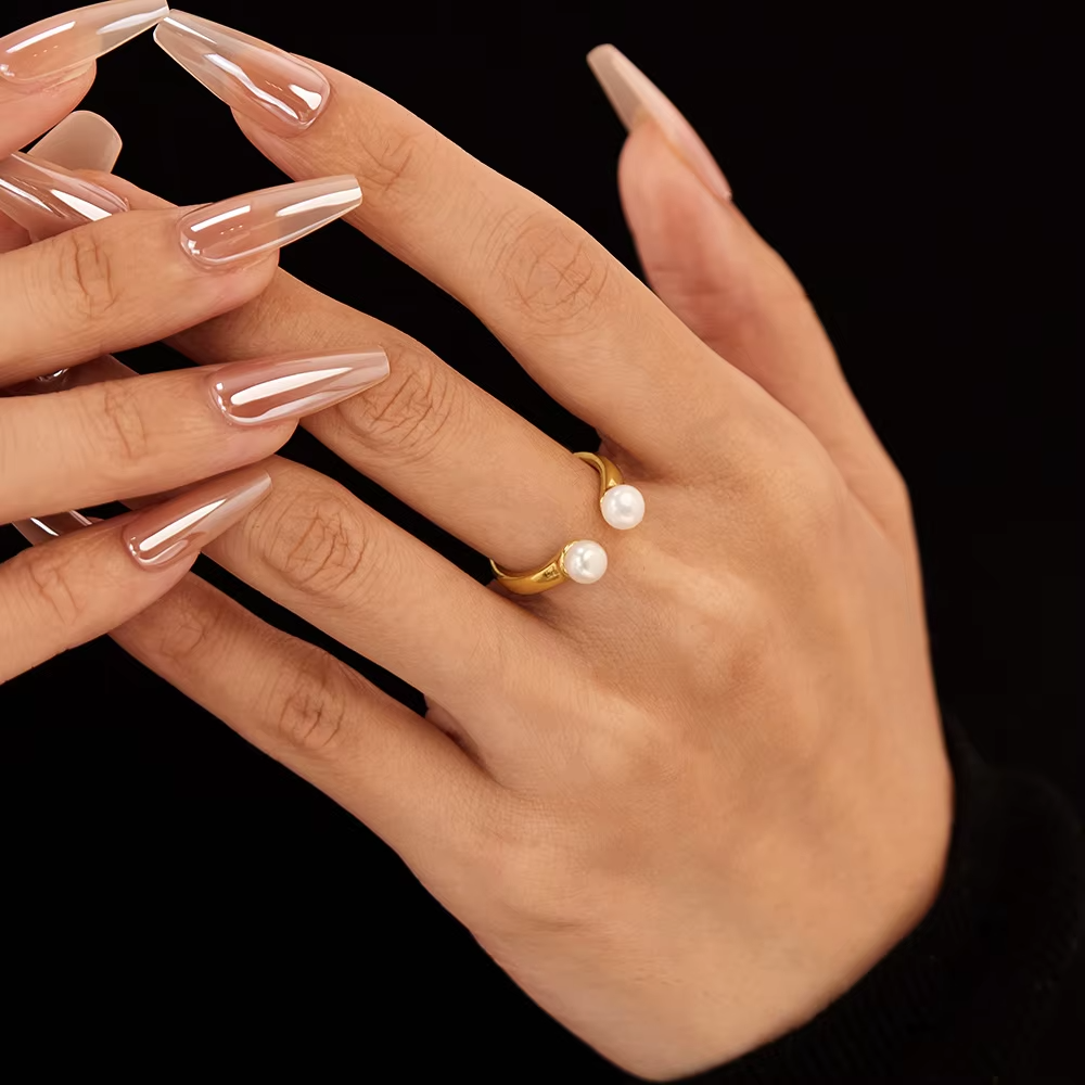 French Luxury 18K Gold Plated Stainless Steel Pearl Open Ring – Natural Stone Trendy Design