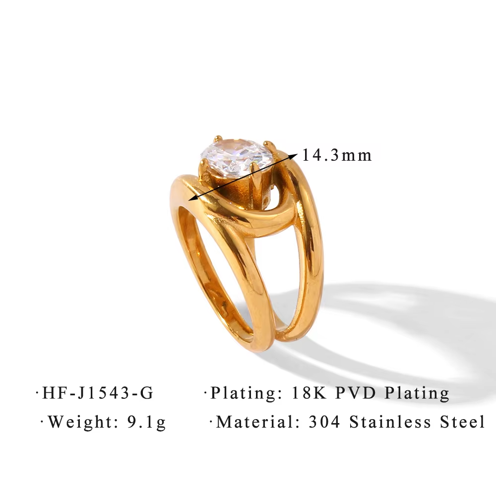 Temperament Double Layer Cubic Zirconia Stainless Steel Ring – PVD Gold Plated Geometric Finger Jewelry