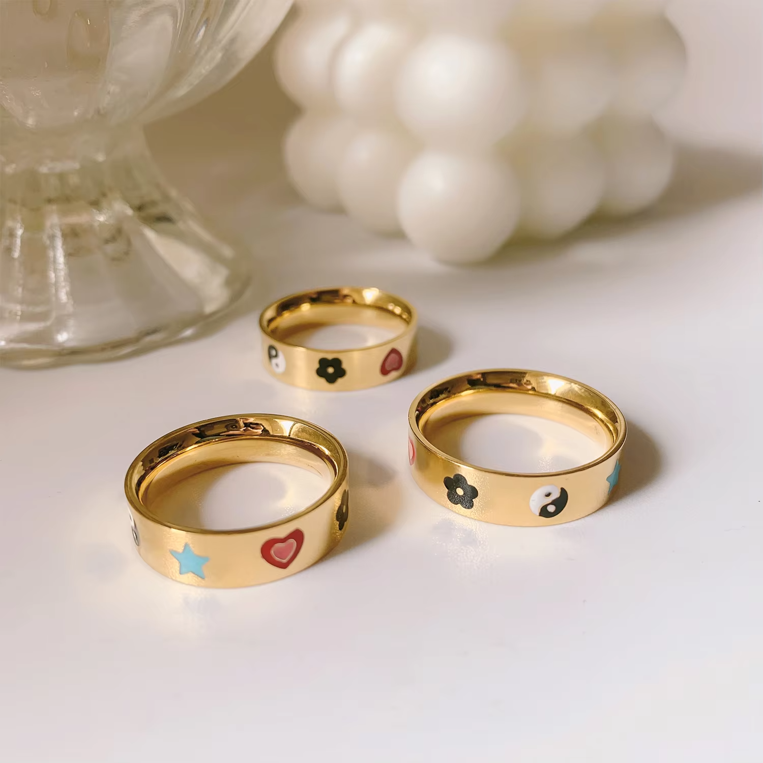 Cute 18K Gold Plated Stainless Steel Enamel Ring – Heart Star Flower Fashion Jewelry