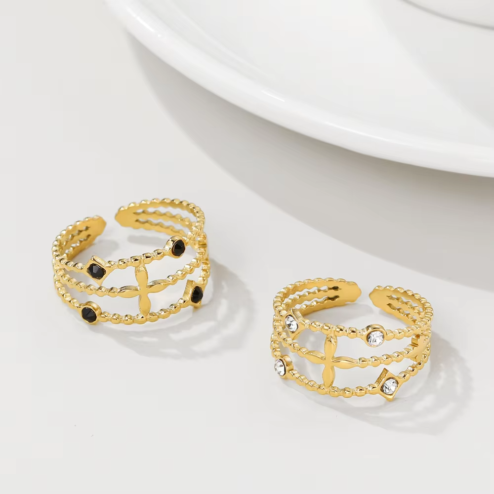 Vintage French 18K Gold Plated Cross Geometric Ring – Adjustable Titanium Steel Zircon Jewelry for Women