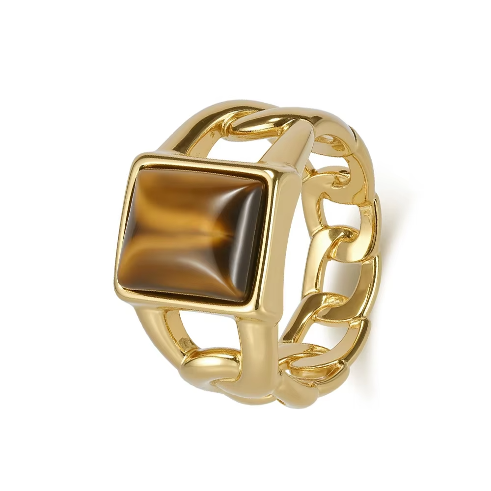 14mm Square Tiger Eye & Black Onyx Inlay Cuban Chain Stainless Steel Ring – Gold & Silver Unisex Fashion Jewelry