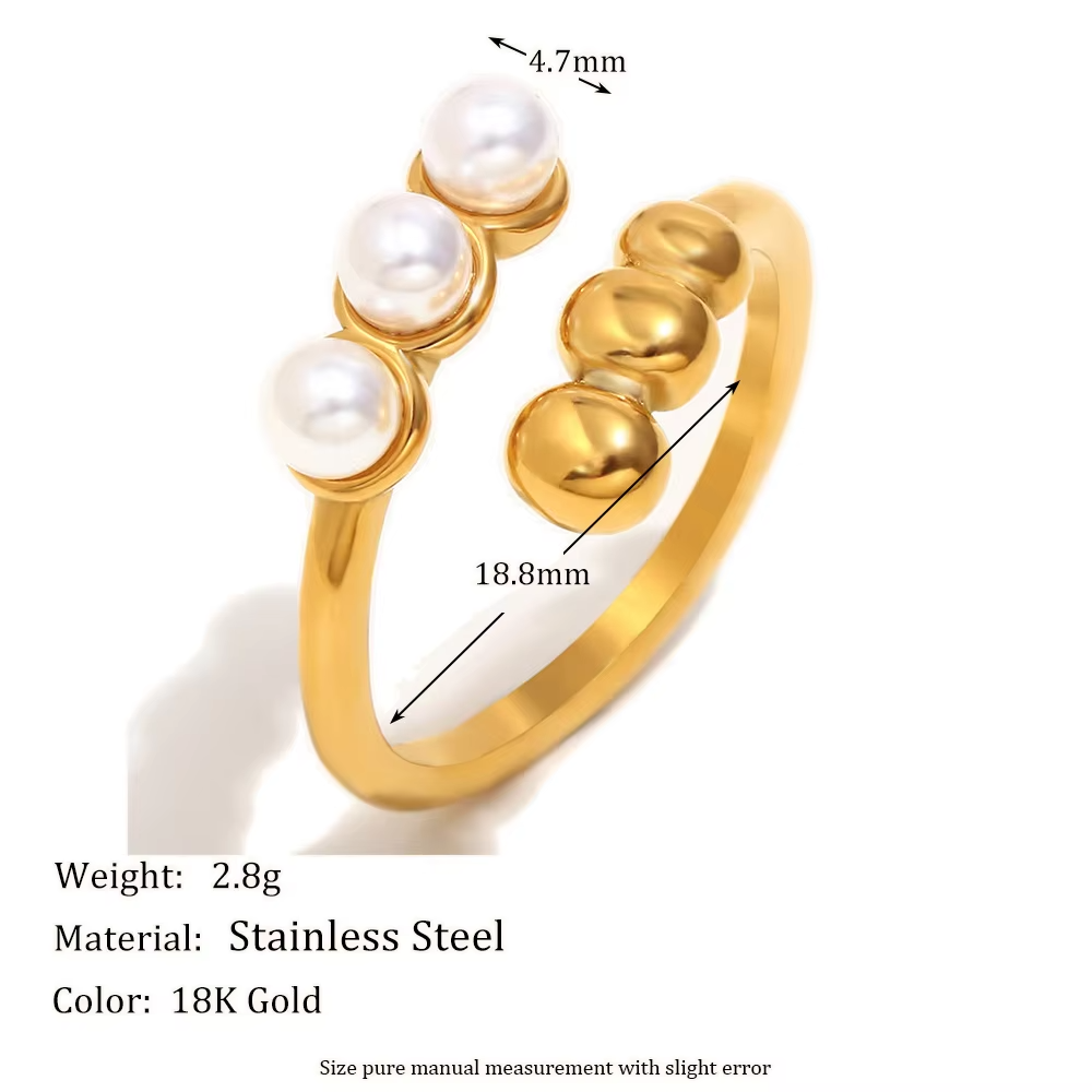 Fashionable Open Pearl Ring for Women in 18K Gold Plated Stainless Steel