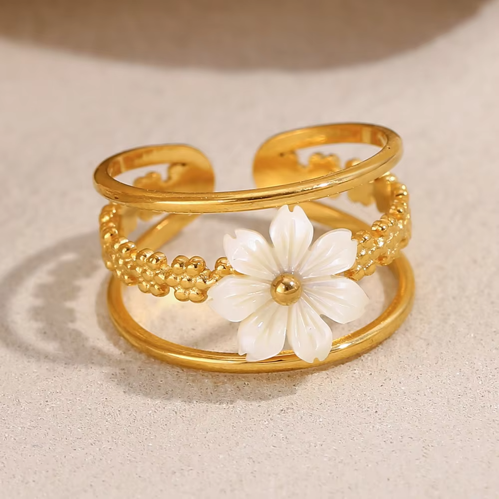 New Fashion Natural Shell Flower Adjustable Ring – 18K Gold Plated Stainless Steel Finger Jewelry for Women